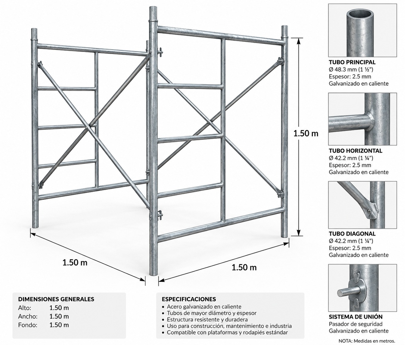 Andamio normado galvanizado 1.50 × 1.50 × 1.50 m con plataforma y cruzetas